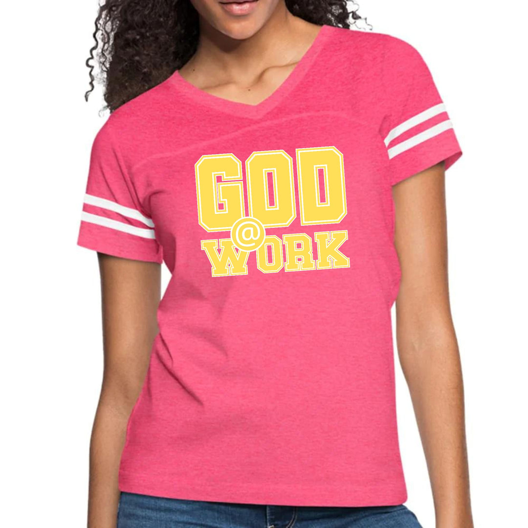 Womens Vintage Sport Graphic T-shirt - God @ Work Yellow and White