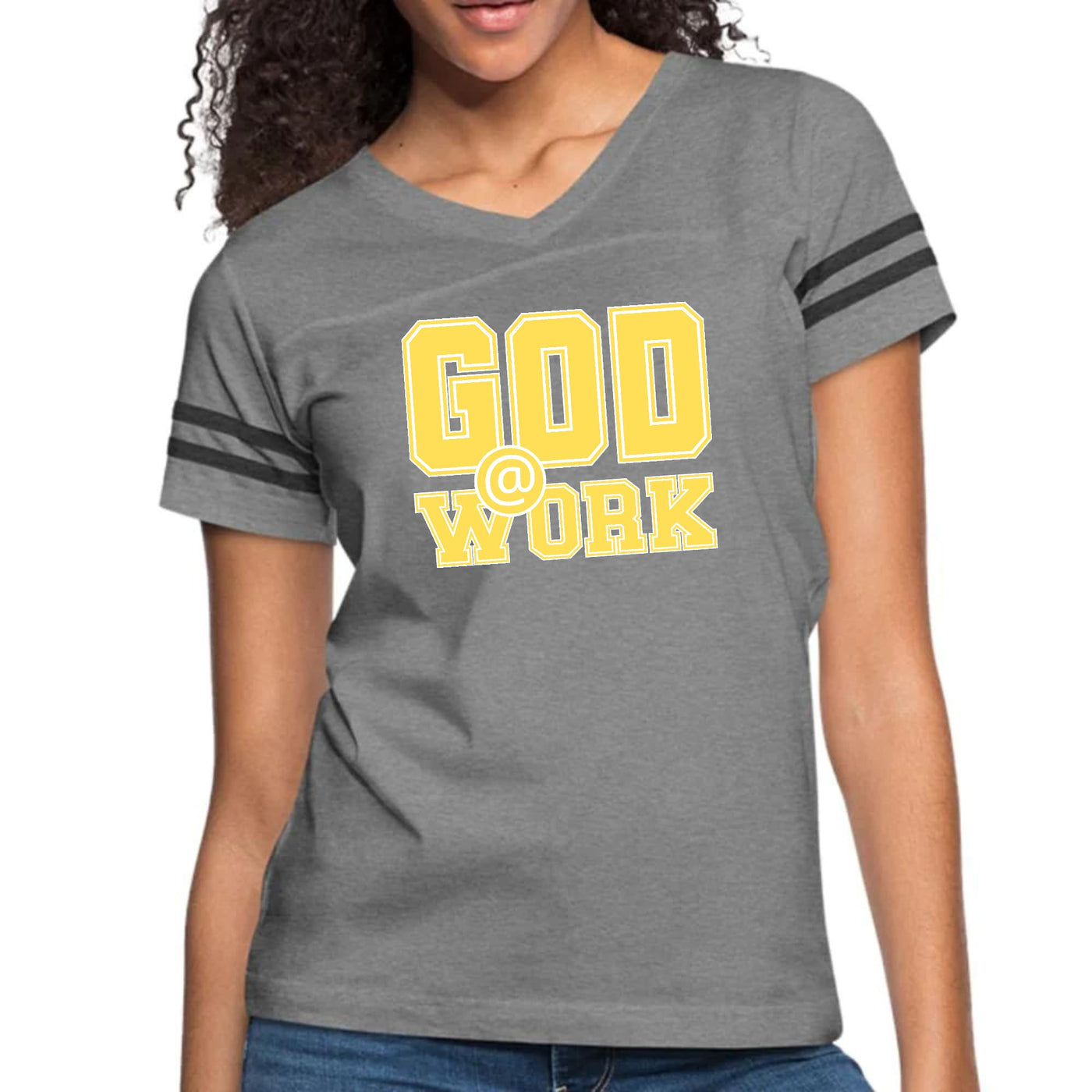 Womens Vintage Sport Graphic T-shirt God @ Work Yellow And White - Womens
