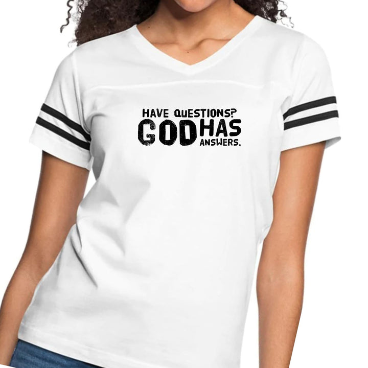 Womens Vintage Sport Graphic T-shirt Have Questions God Has Answers - Womens