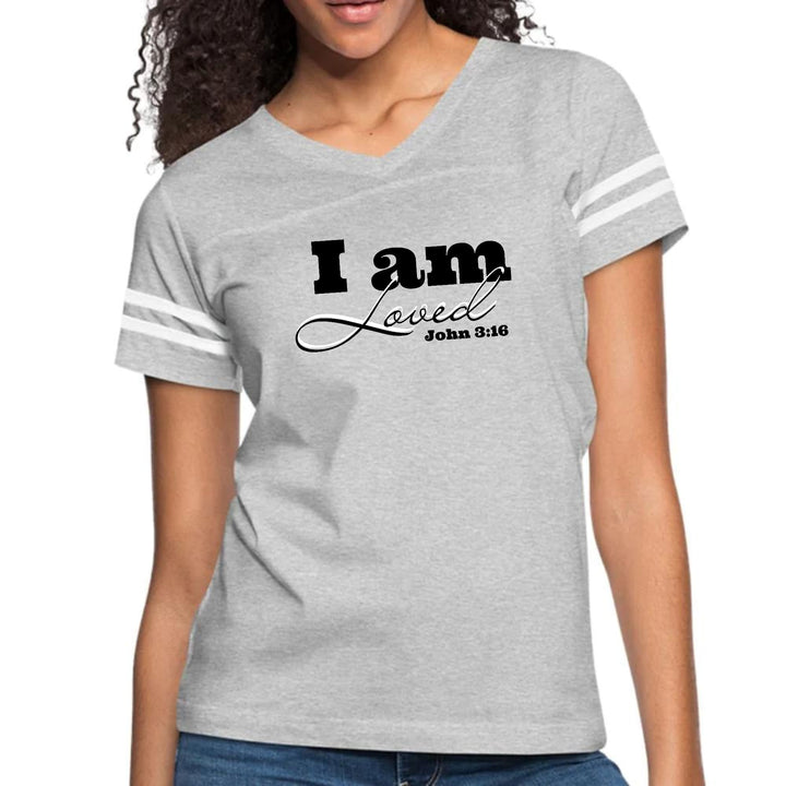 Womens Vintage Sport Graphic T-shirt - i am Loved - John 3:16 Black