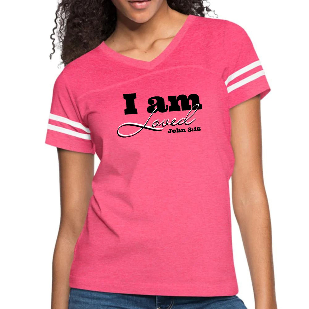 Womens Vintage Sport Graphic T-shirt - i am Loved - John 3:16 Black