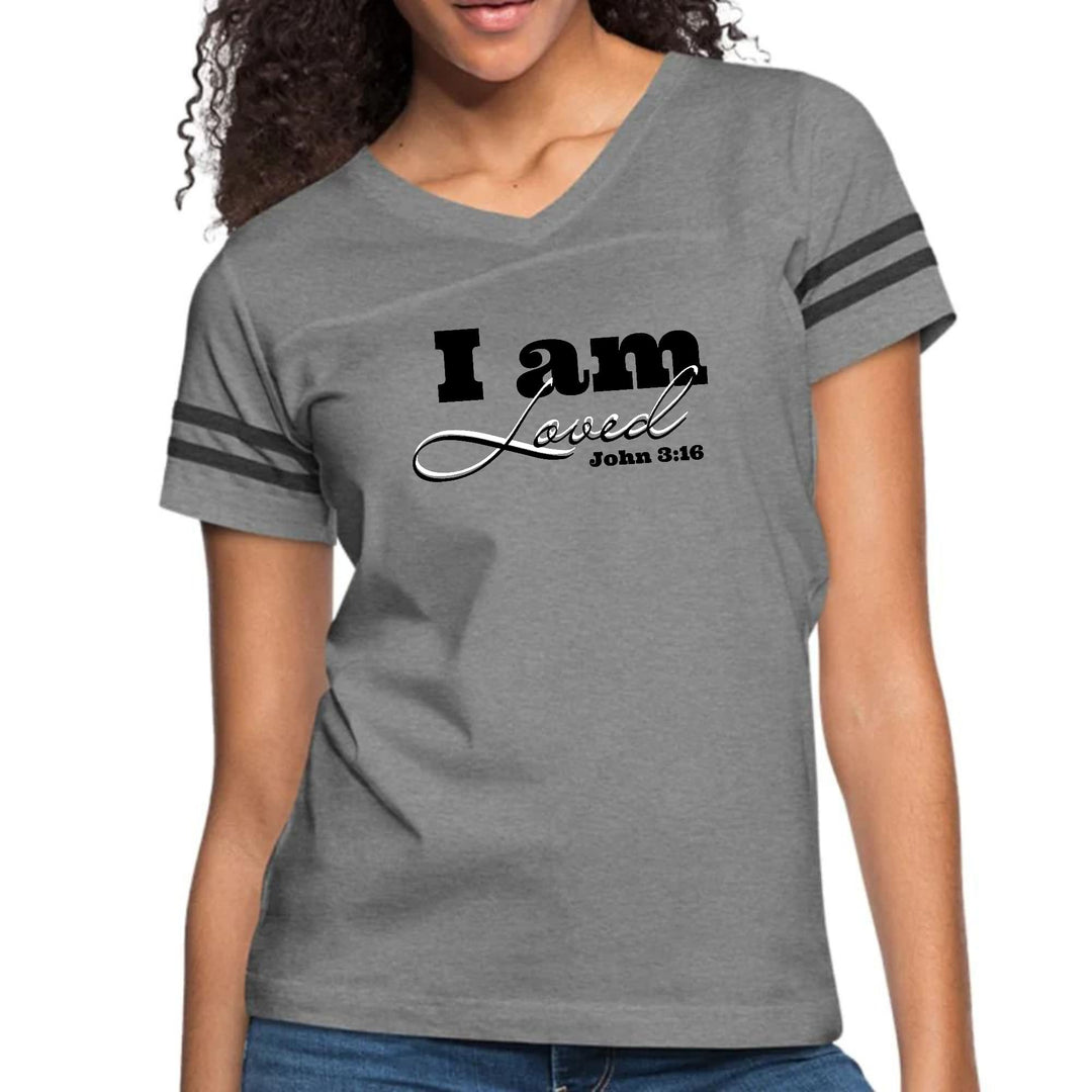 Womens Vintage Sport Graphic T-shirt - i am Loved - John 3:16 Black