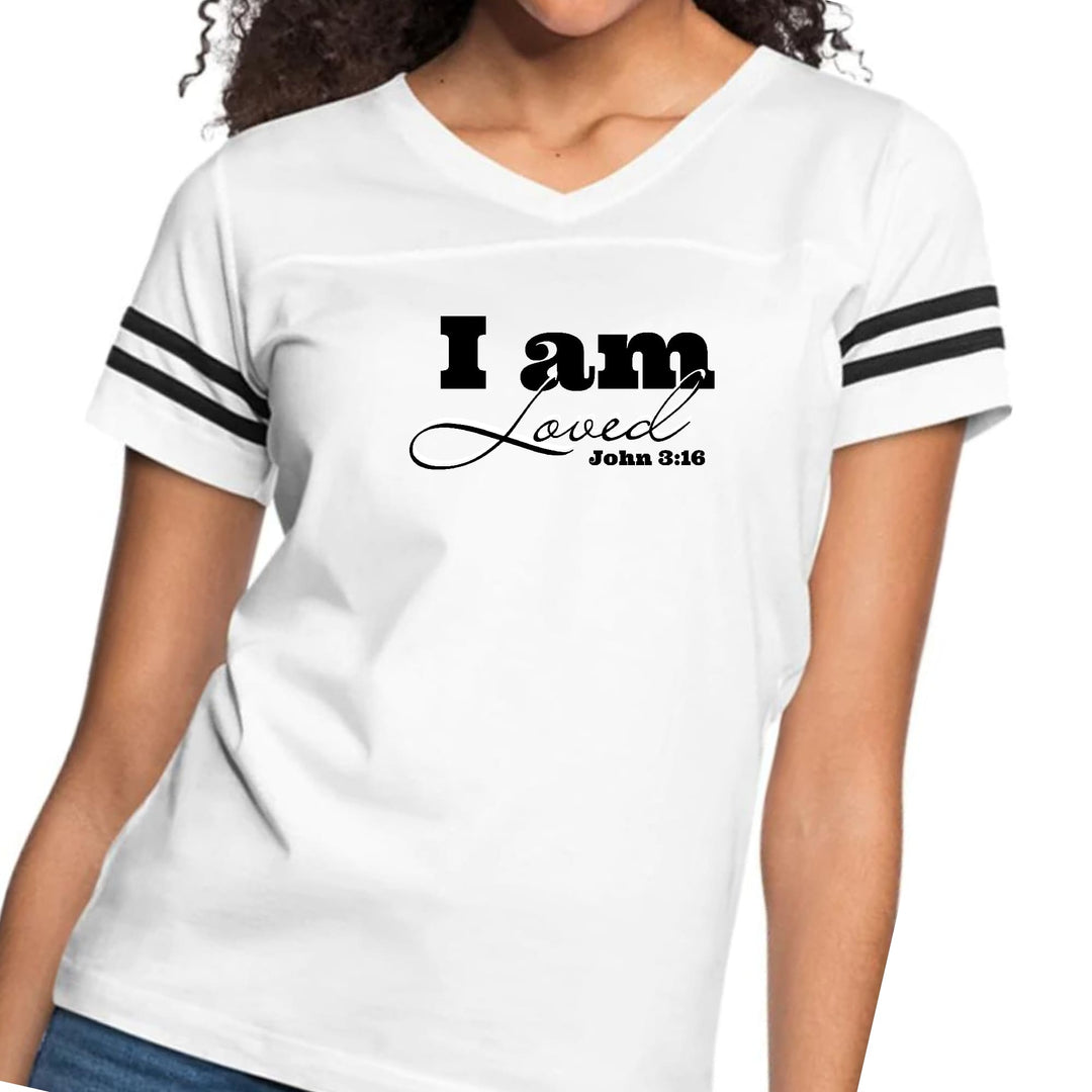 Womens Vintage Sport Graphic T-shirt - i am Loved - John 3:16 Black