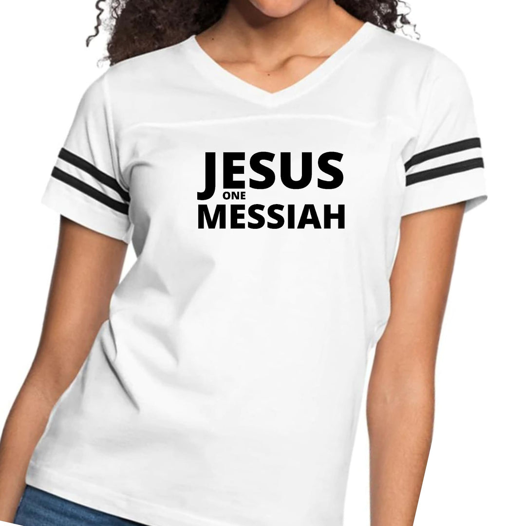 Womens Vintage Sport Graphic T-shirt - Jesus one Messiah Black