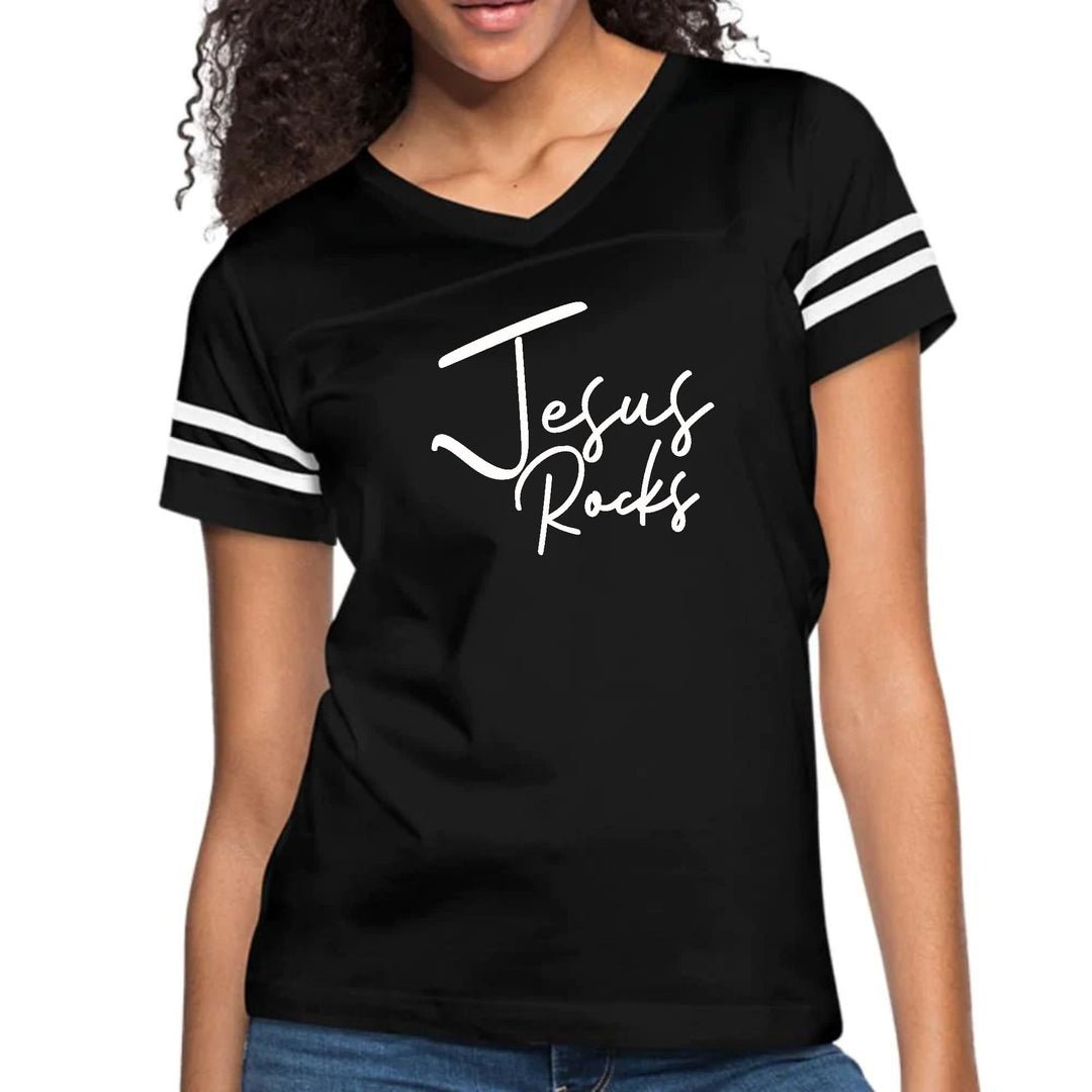 Womens Vintage Sport Graphic T-shirt - Jesus Rocks Print