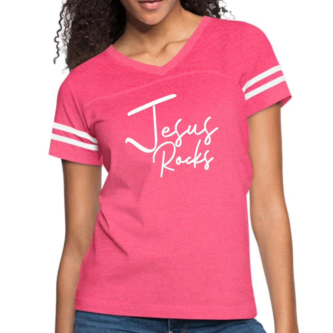 Womens Vintage Sport Graphic T-shirt - Jesus Rocks Print