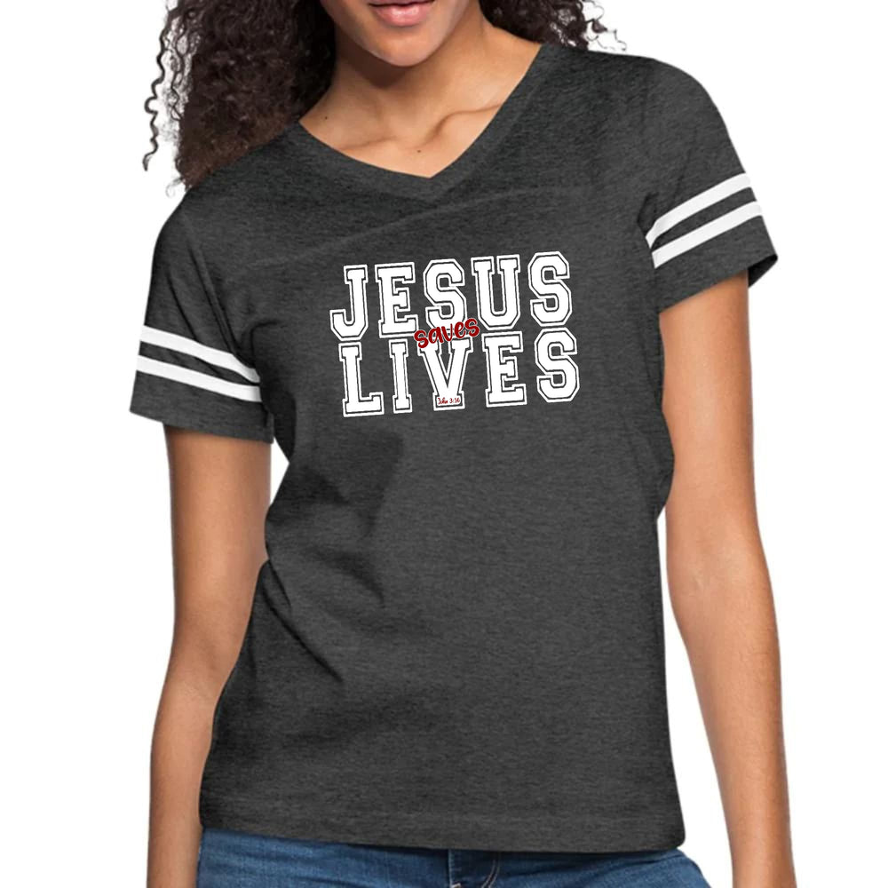 Womens Vintage Sport Graphic T-shirt - Jesus Saves Lives White Red