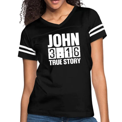 Womens Vintage Sport Graphic T-shirt John 3:16 True Story Print - Womens