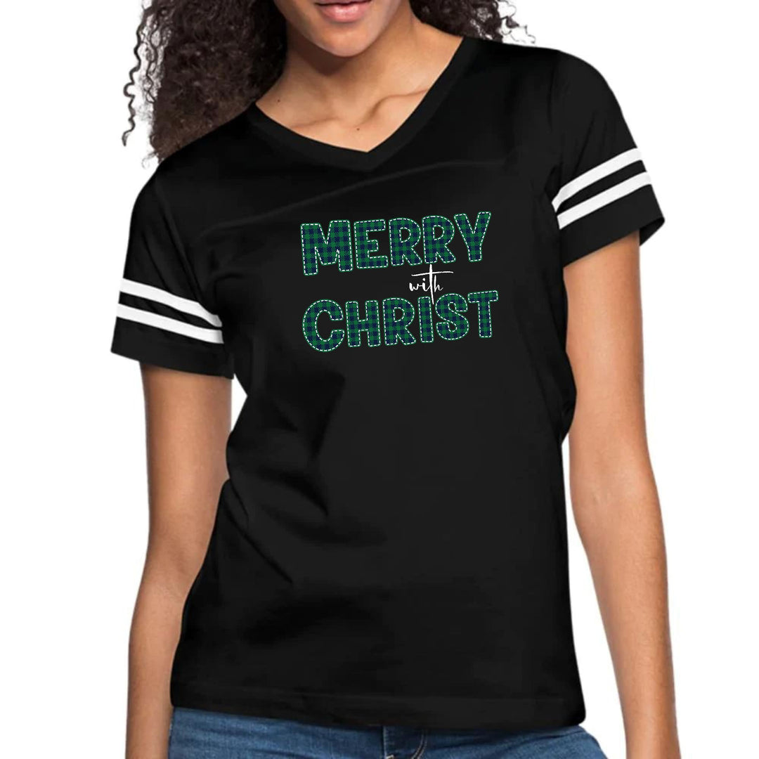 Womens Vintage Sport Graphic T-shirt - Merry with Christ - Green Plaid