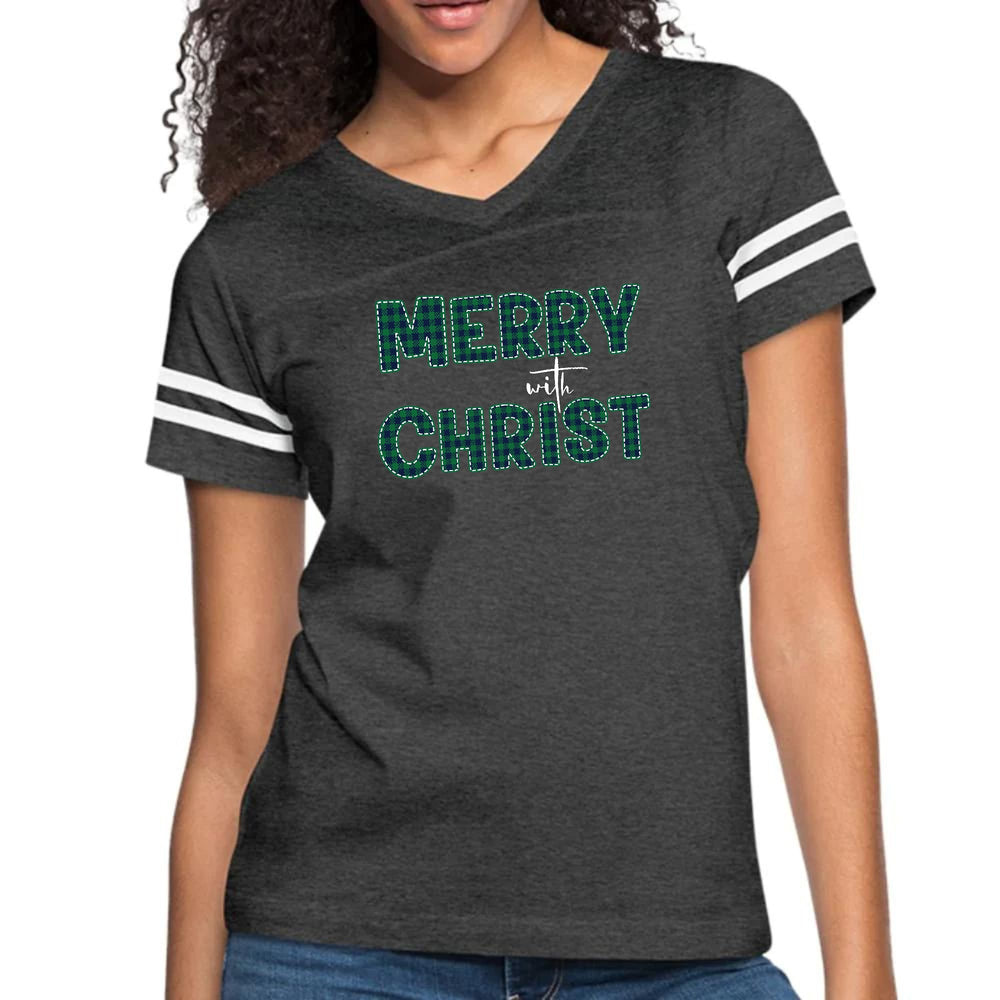 Womens Vintage Sport Graphic T-shirt - Merry with Christ - Green Plaid