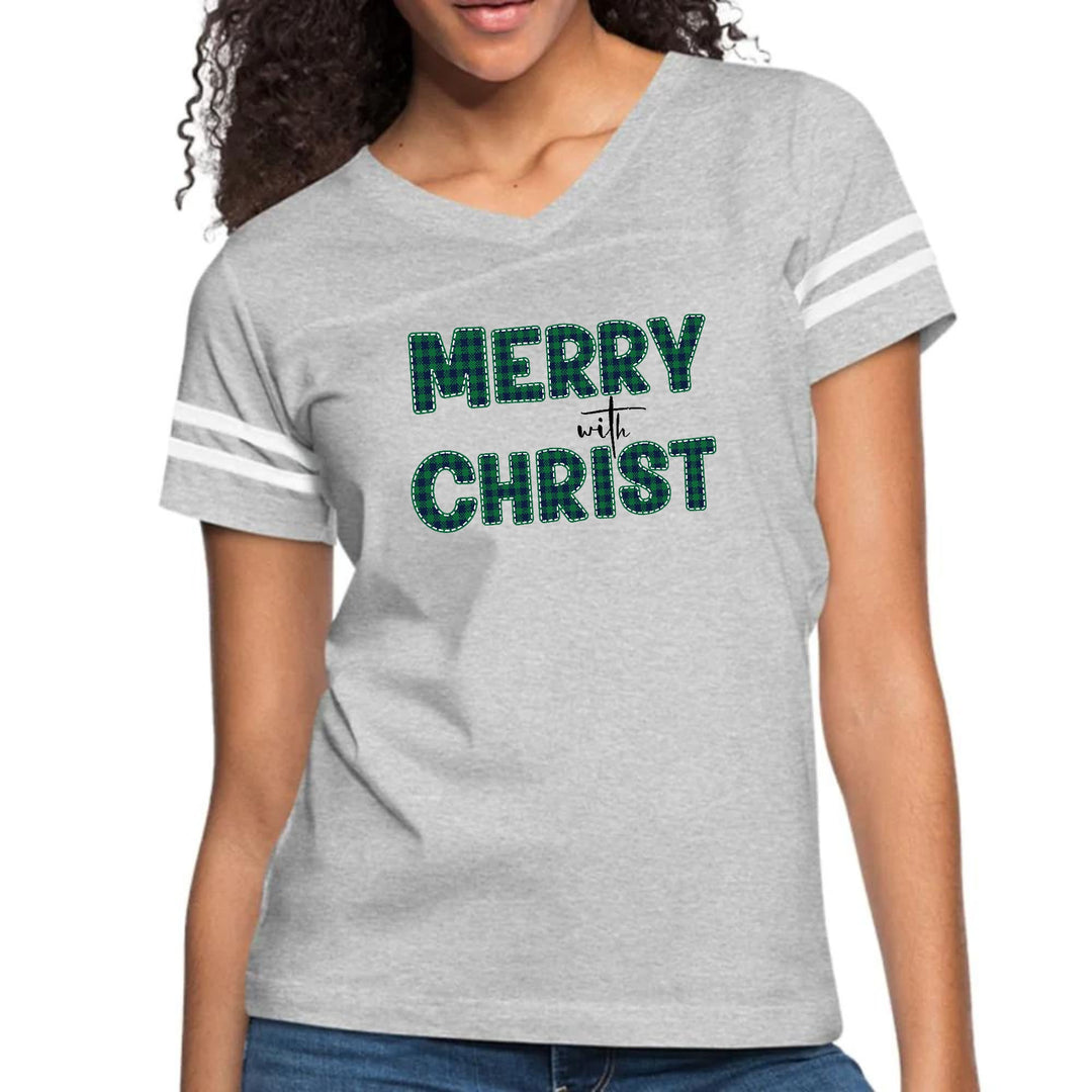 Womens Vintage Sport Graphic T-shirt - Merry with Christ - Green Plaid