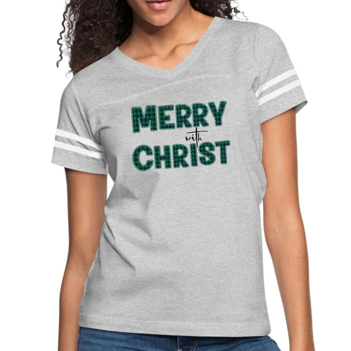 Womens Vintage Sport Graphic T-shirt - Merry with Christ - Green Plaid