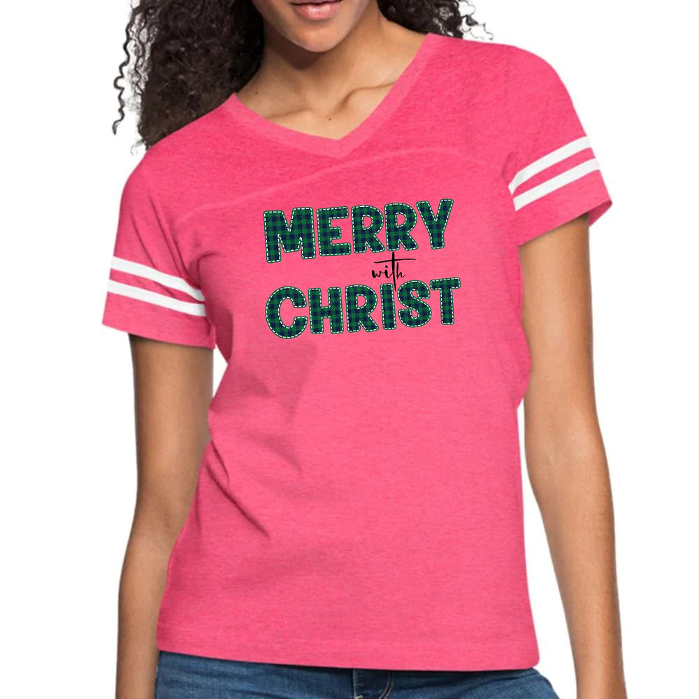 Womens Vintage Sport Graphic T-shirt - Merry with Christ - Green Plaid
