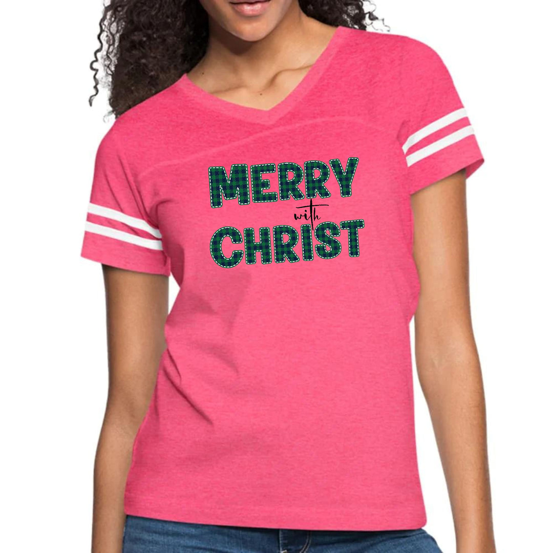 Womens Vintage Sport Graphic T-shirt - Merry with Christ - Green Plaid