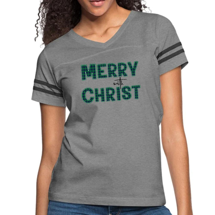 Womens Vintage Sport Graphic T-shirt - Merry with Christ - Green Plaid