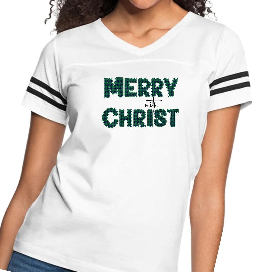 Womens Vintage Sport Graphic T-shirt - Merry with Christ - Green Plaid