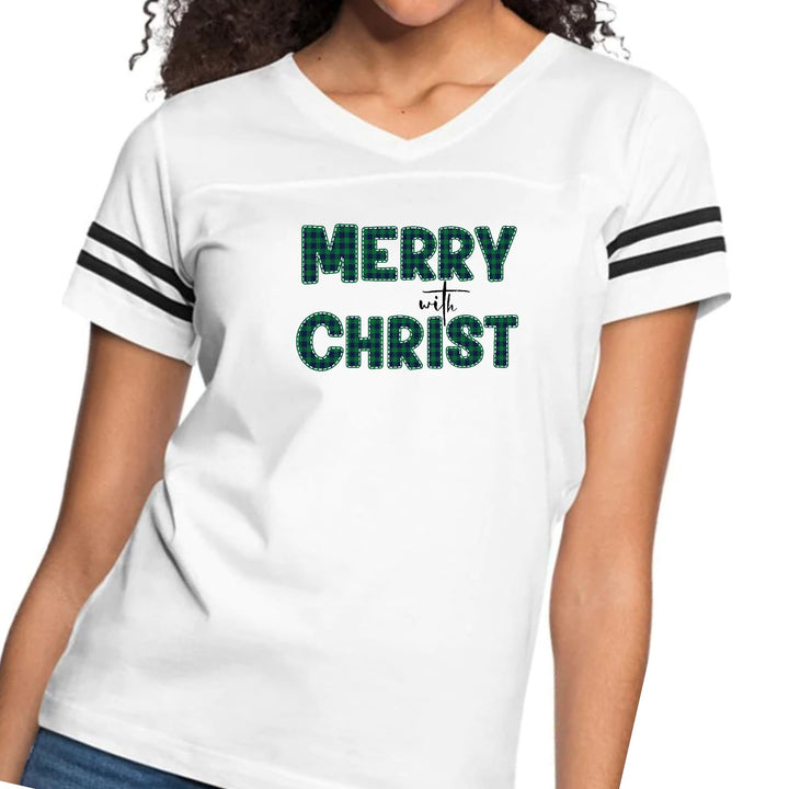 Womens Vintage Sport Graphic T-shirt - Merry with Christ - Green Plaid