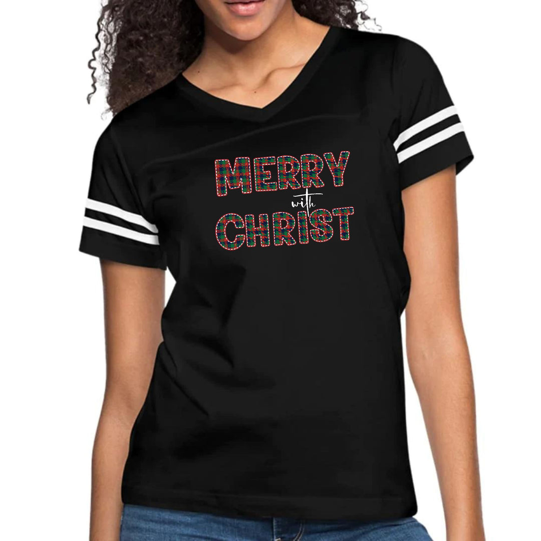 Womens Vintage Sport Graphic T-shirt - Merry with Christ - Red
