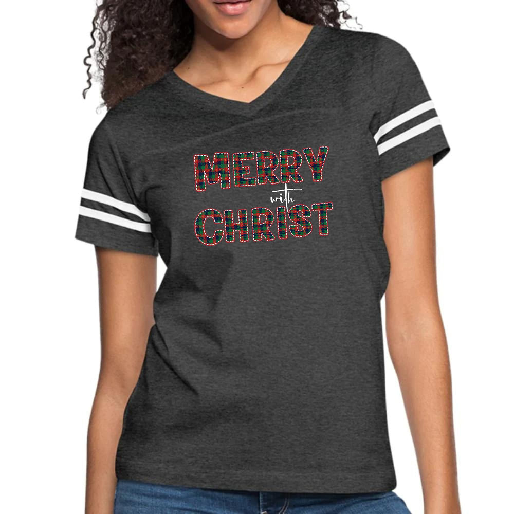 Womens Vintage Sport Graphic T-shirt - Merry with Christ - Red