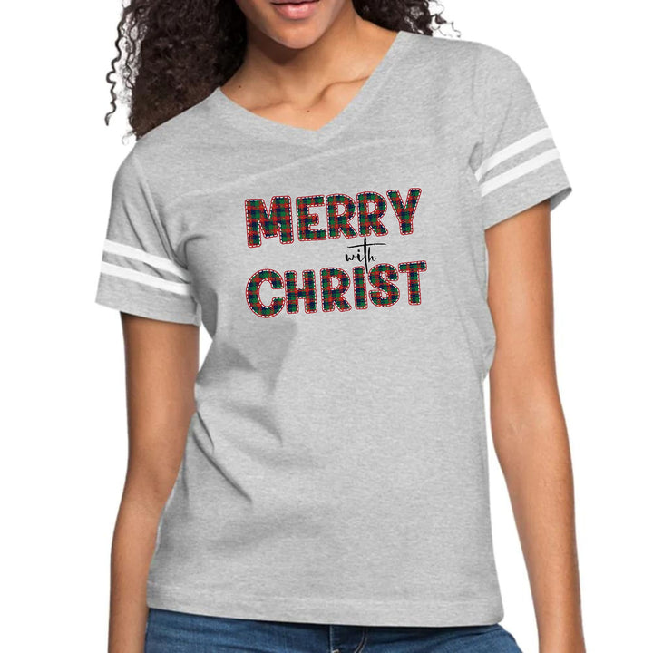 Womens Vintage Sport Graphic T-shirt - Merry with Christ - Red