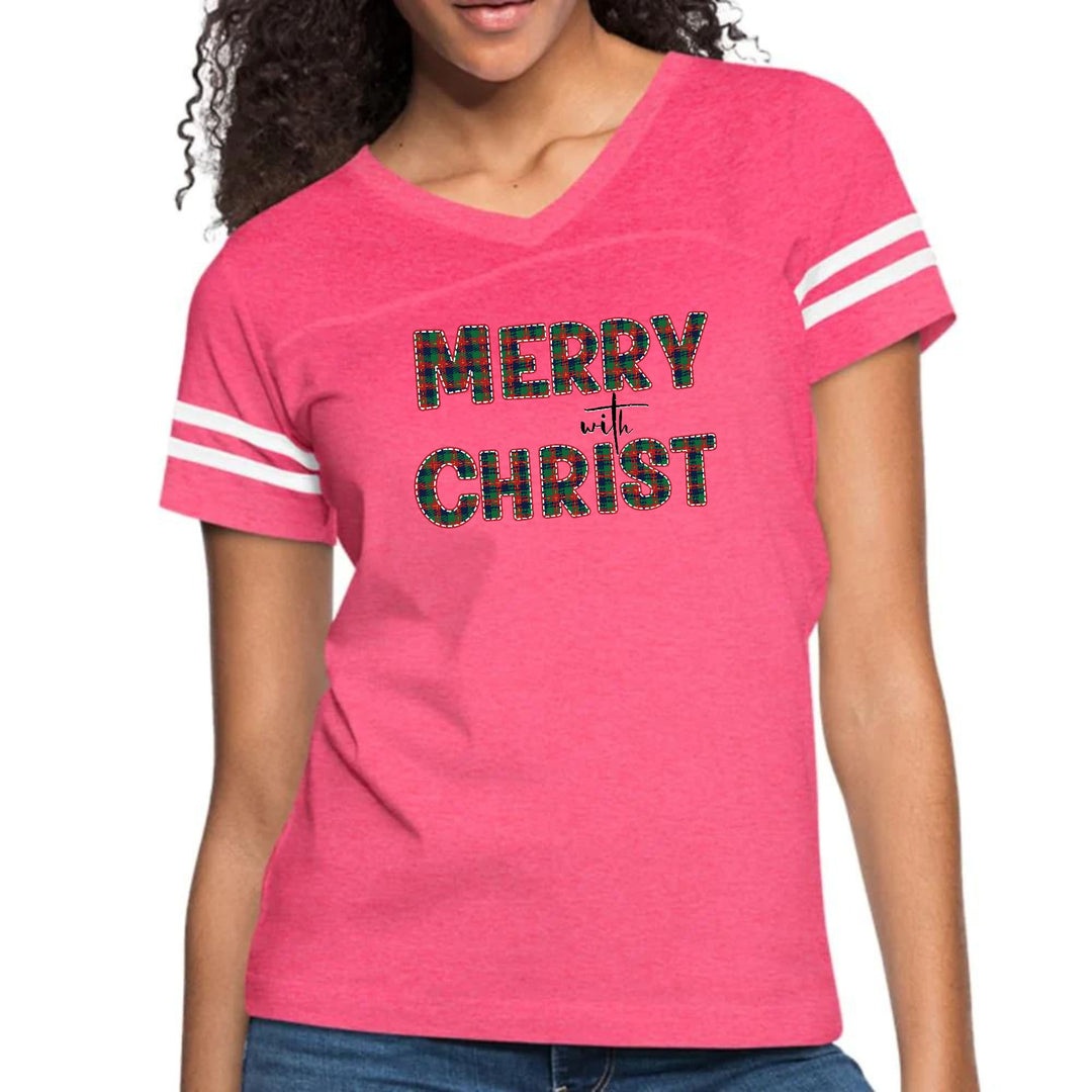 Womens Vintage Sport Graphic T-shirt - Merry with Christ - Red