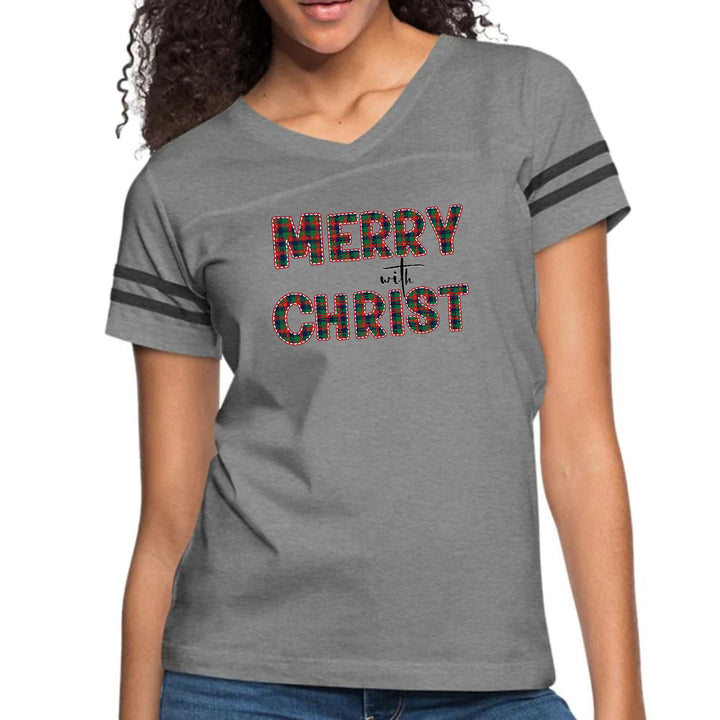 Womens Vintage Sport Graphic T-shirt - Merry with Christ - Red