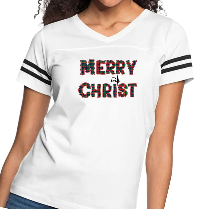 Womens Vintage Sport Graphic T-shirt - Merry with Christ - Red
