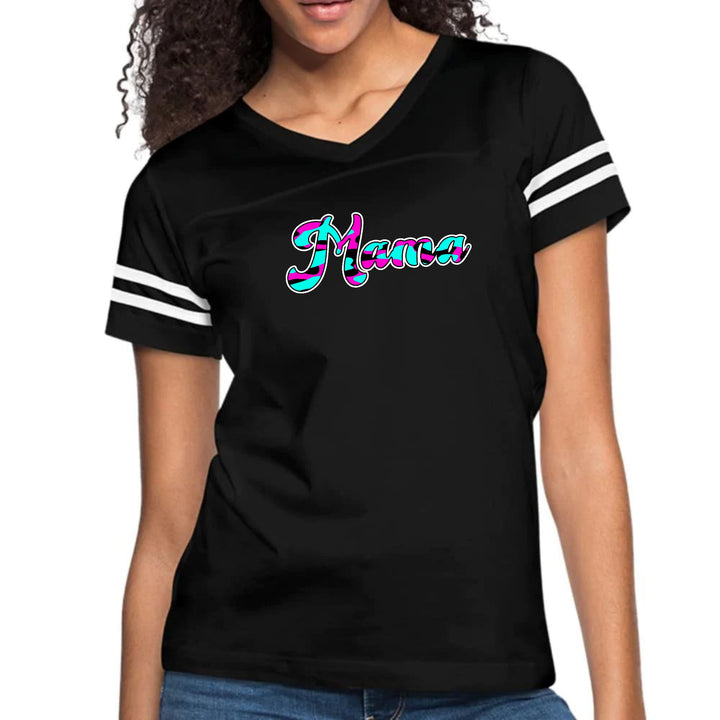 Womens Vintage Sport Graphic T-shirt - Pink White Blue Abstract Mama