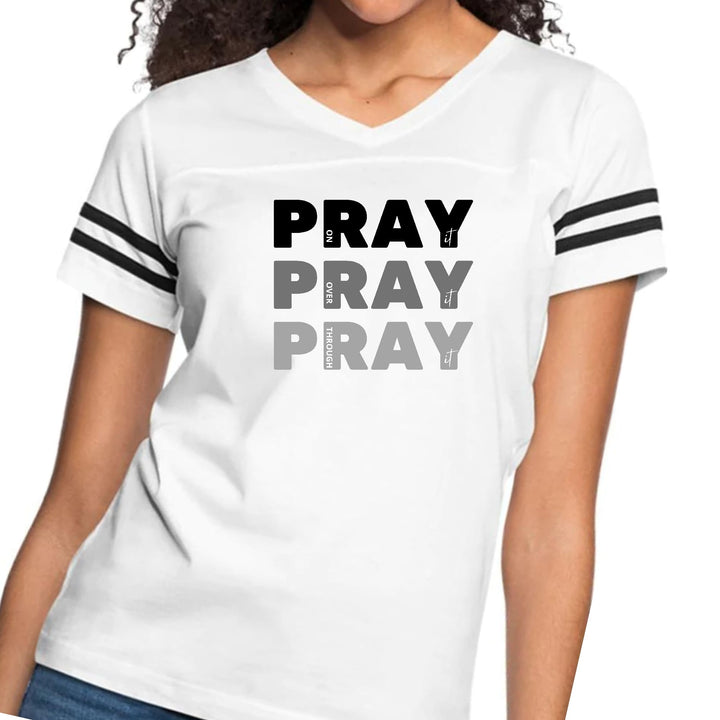 Womens Vintage Sport Graphic T-shirt Pray On It Over It Through - Womens