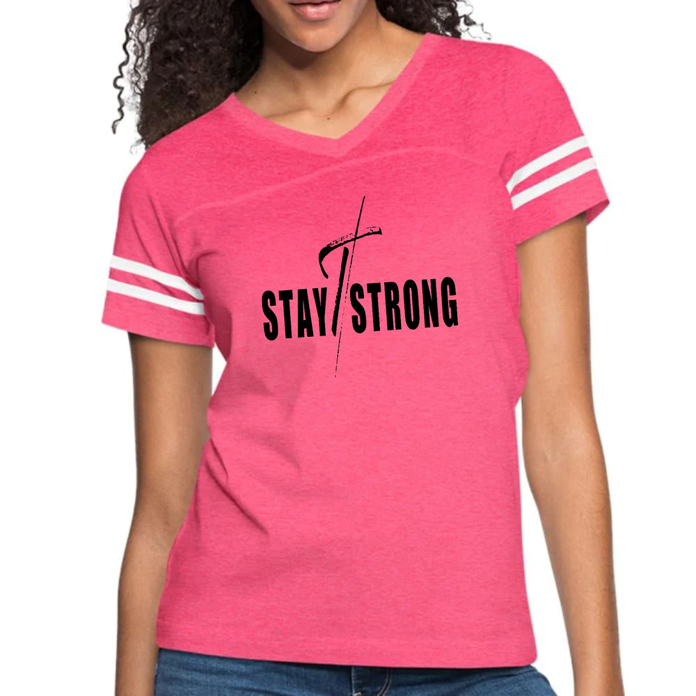 Womens Vintage Sport Graphic T-shirt - Stay Strong with Cross Black
