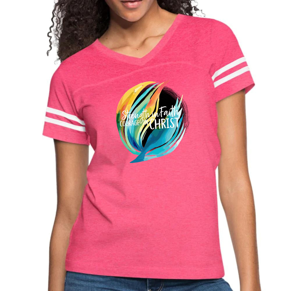 Womens Vintage Sport Graphic T-shirt - Strength in Faith - Courage