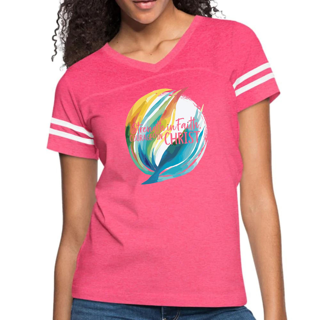Womens Vintage Sport Graphic T-shirt - Strength in Faith - Courage