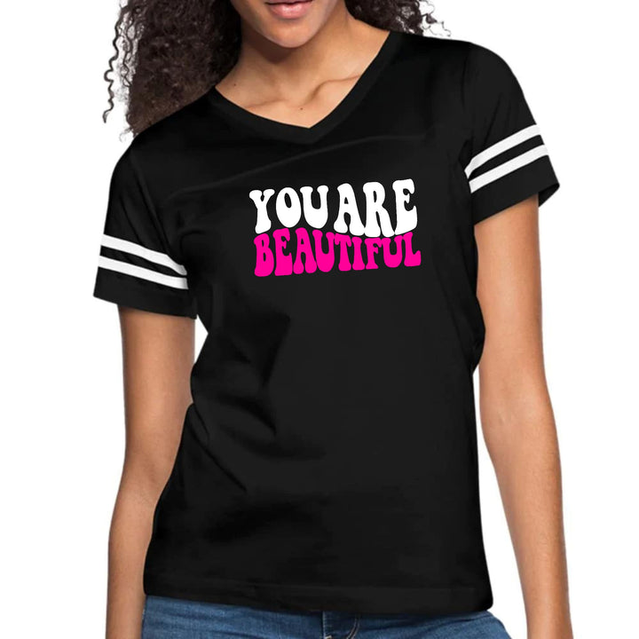Womens Vintage Sport Graphic T-shirt - you are Beautiful Pink White