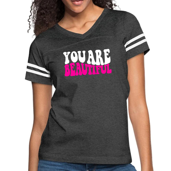 Womens Vintage Sport Graphic T-shirt - you are Beautiful Pink White
