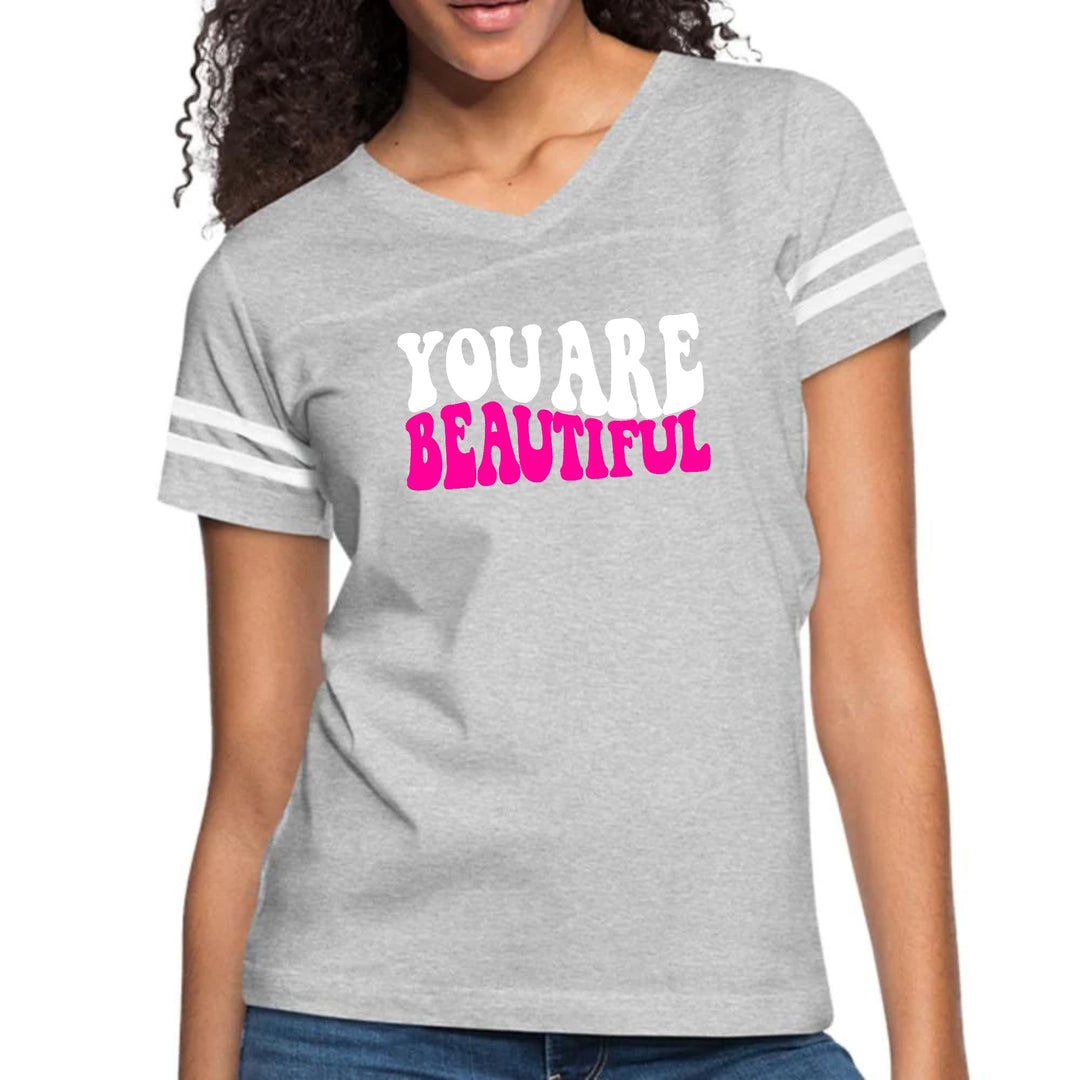 Womens Vintage Sport Graphic T-shirt - you are Beautiful Pink White