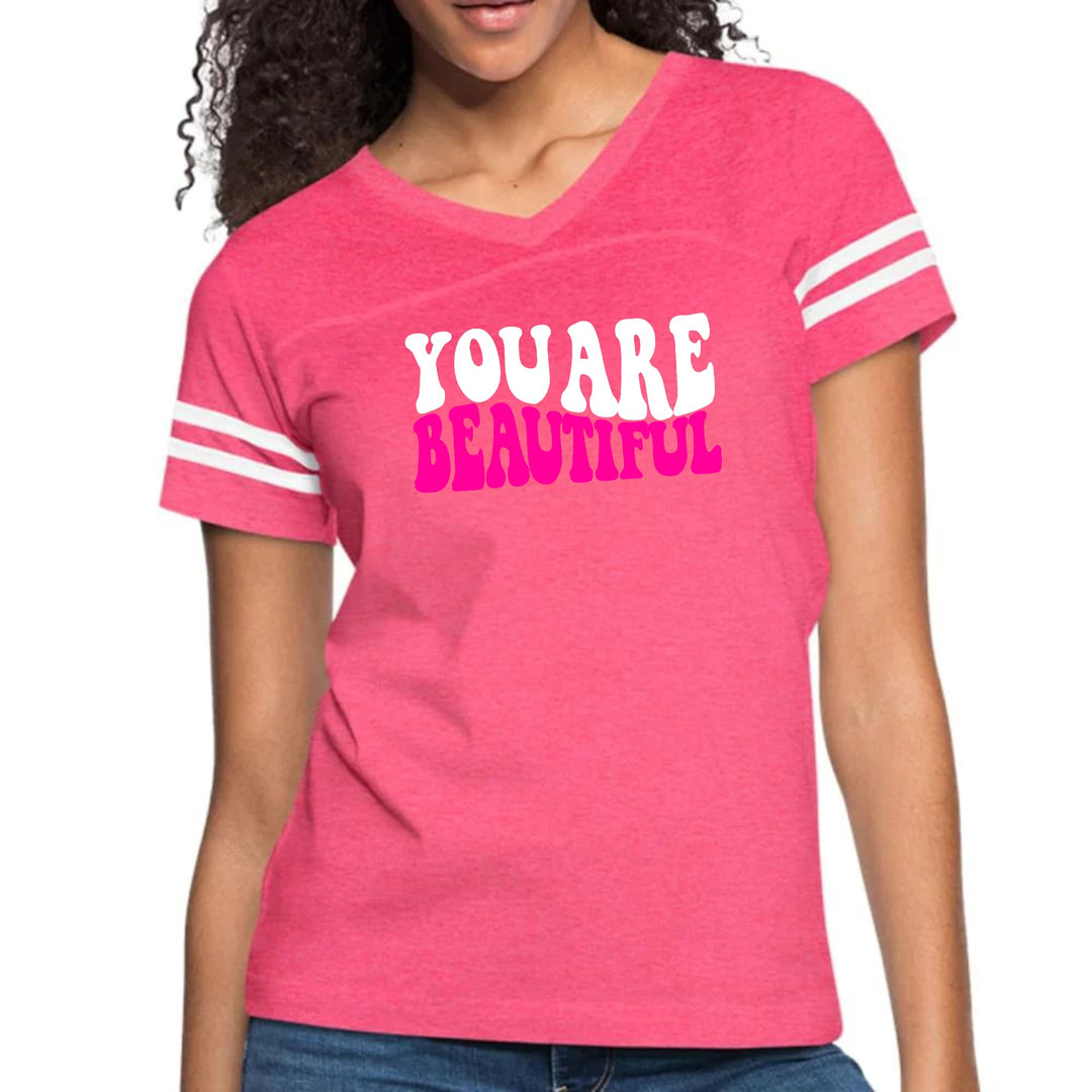 Womens Vintage Sport Graphic T-shirt - you are Beautiful Pink White