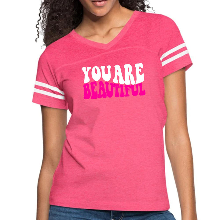 Womens Vintage Sport Graphic T-shirt - you are Beautiful Pink White
