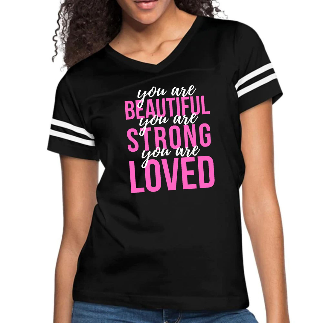 Womens Vintage Sport Graphic T-shirt - you are Beautiful Strong Loved