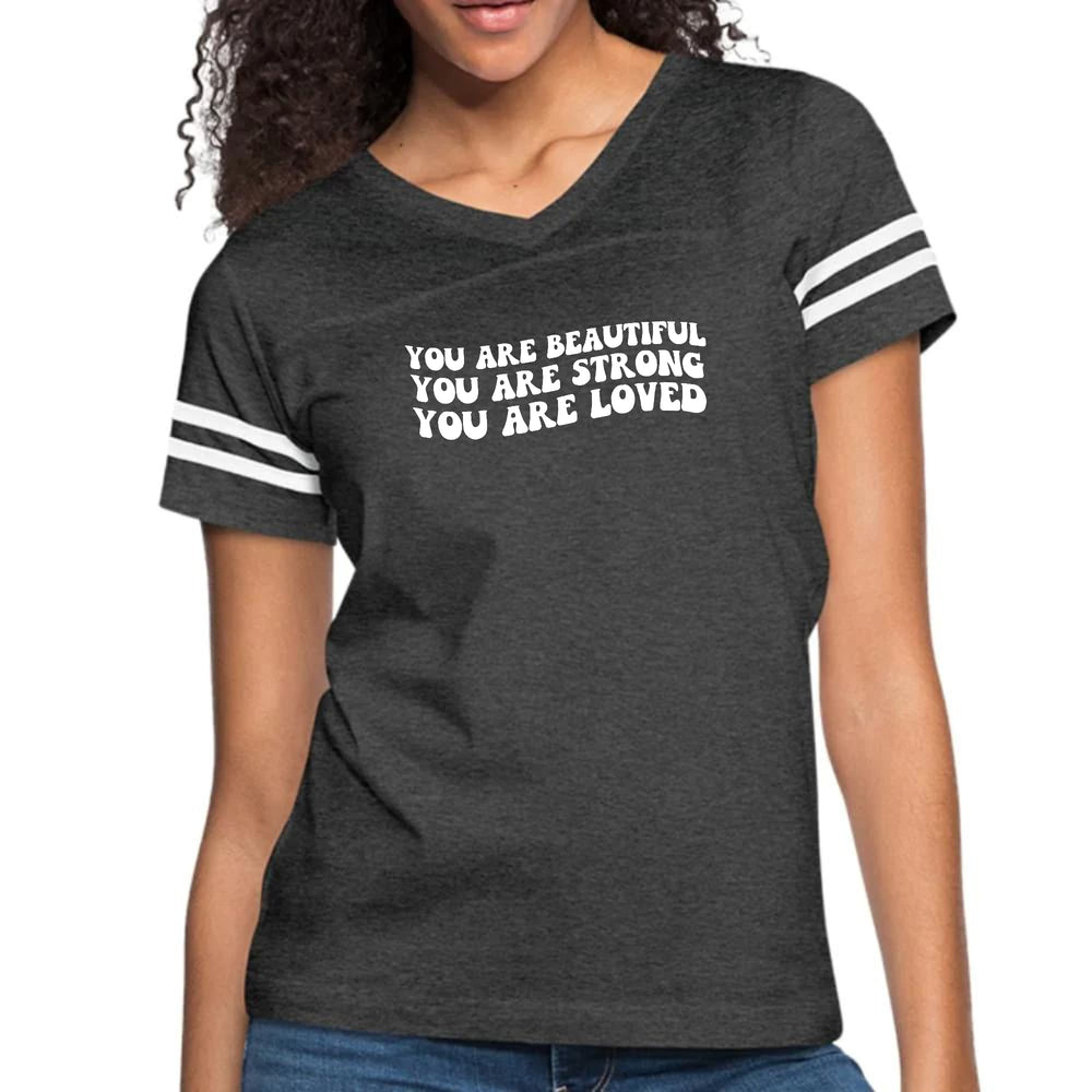 Womens Vintage Sport Graphic T-shirt - you are Beautiful Strong Loved