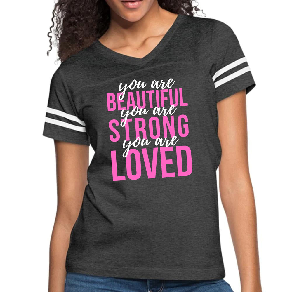 Womens Vintage Sport Graphic T-shirt - you are Beautiful Strong Loved