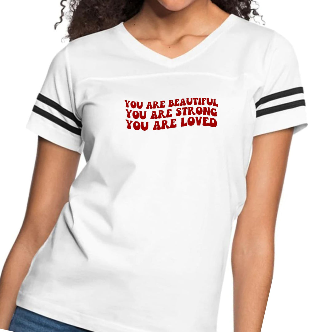 Womens Vintage Sport Graphic T-shirt - you are Beautiful Strong Loved