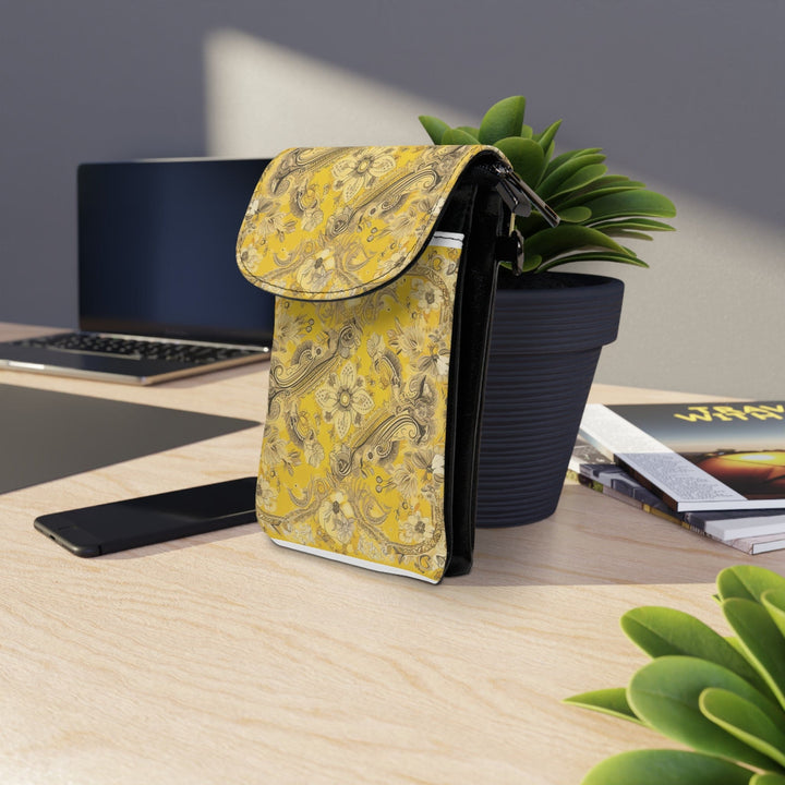 Yellow Floral Bandanna Illustration Pattern Crossbody Cell Phone Wallet Purse