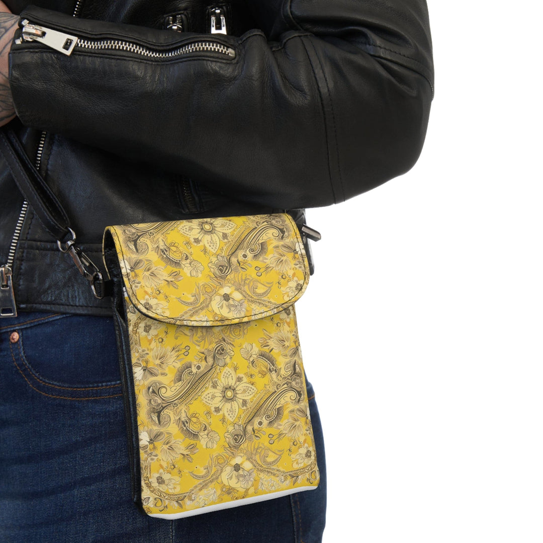 Yellow Floral Bandanna Illustration Pattern Crossbody Cell Phone Wallet Purse
