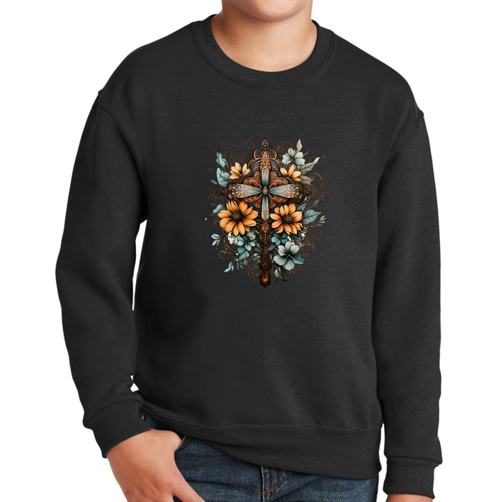 Youth Graphic Sweatshirt - Christian Cross Floral Bouquet Brown - Youth