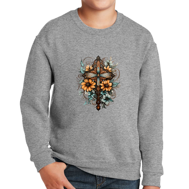 Youth Graphic Sweatshirt - Christian Cross Floral Bouquet Brown - Youth