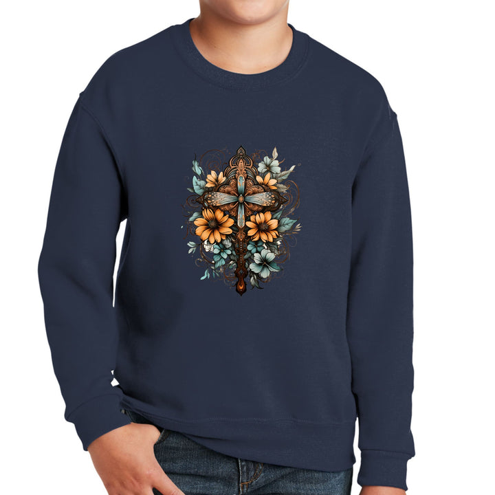 Youth Graphic Sweatshirt - Christian Cross Floral Bouquet Brown - Youth