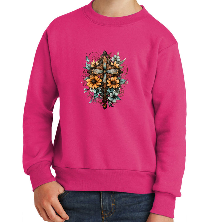 Youth Graphic Sweatshirt - Christian Cross Floral Bouquet Brown - Youth