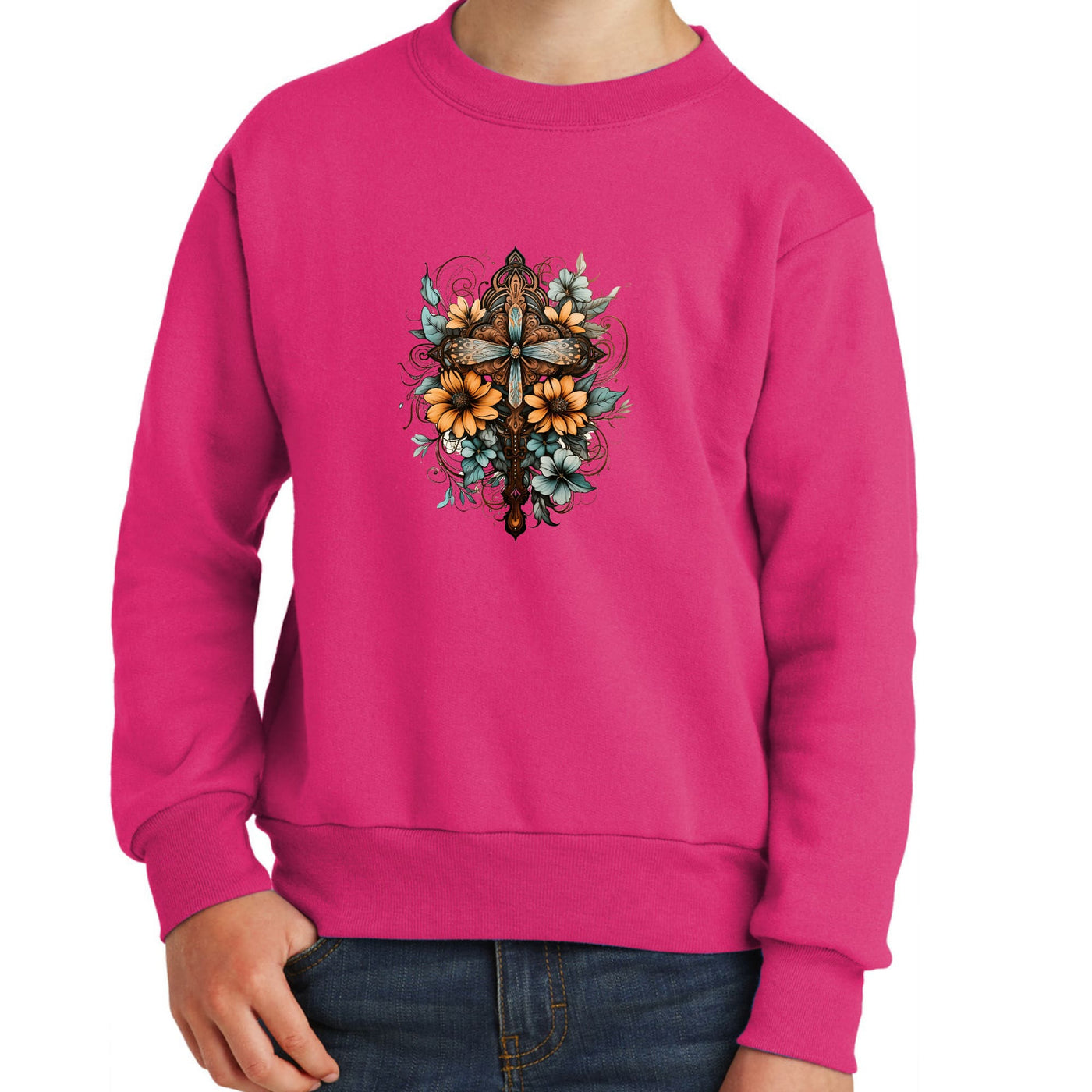 Youth Graphic Sweatshirt Christian Cross Floral Bouquet Brown - Youth