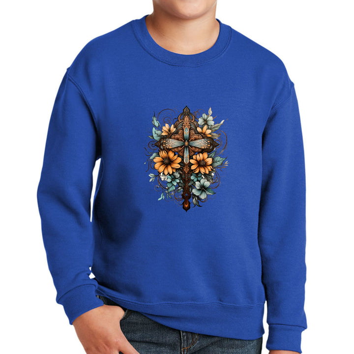 Youth Graphic Sweatshirt - Christian Cross Floral Bouquet Brown - Youth