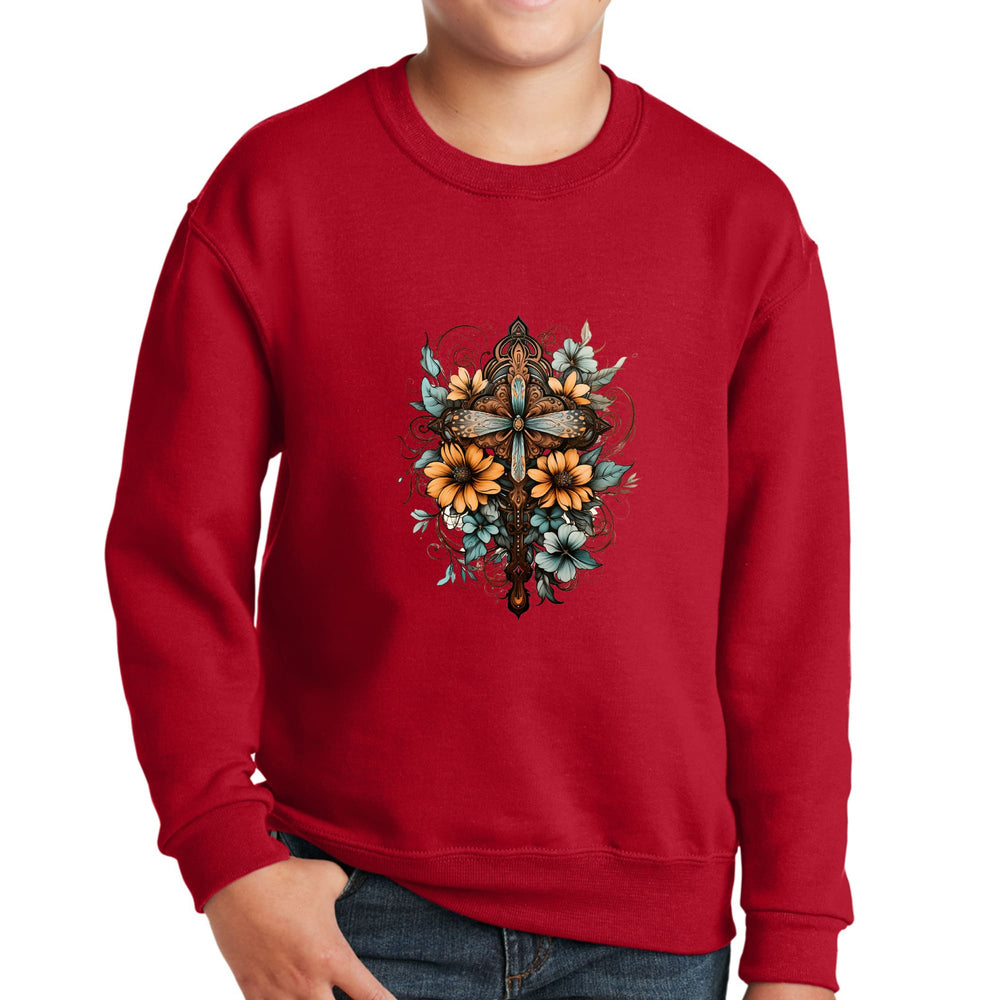 Youth Graphic Sweatshirt - Christian Cross Floral Bouquet Brown